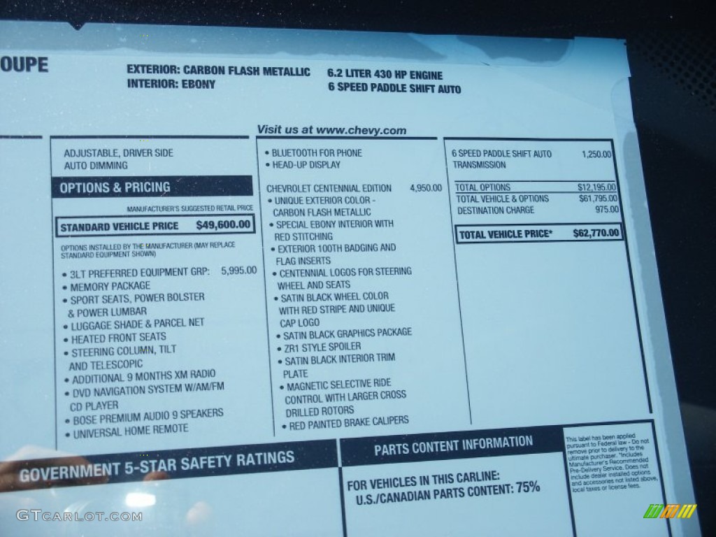 2012 Chevrolet Corvette Centennial Edition Coupe Window Sticker Photo #63861339