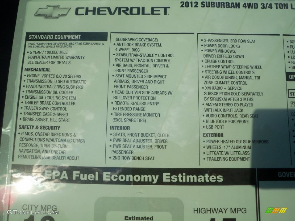 2012 Chevrolet Suburban 2500 LS 4x4 Window Sticker Photo #63887556