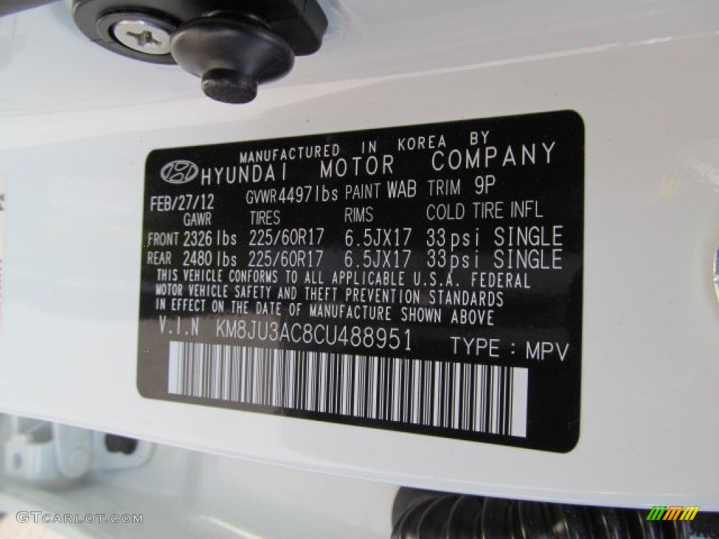 2012 Tucson Color Code WAB for Cotton White Photo #63902001