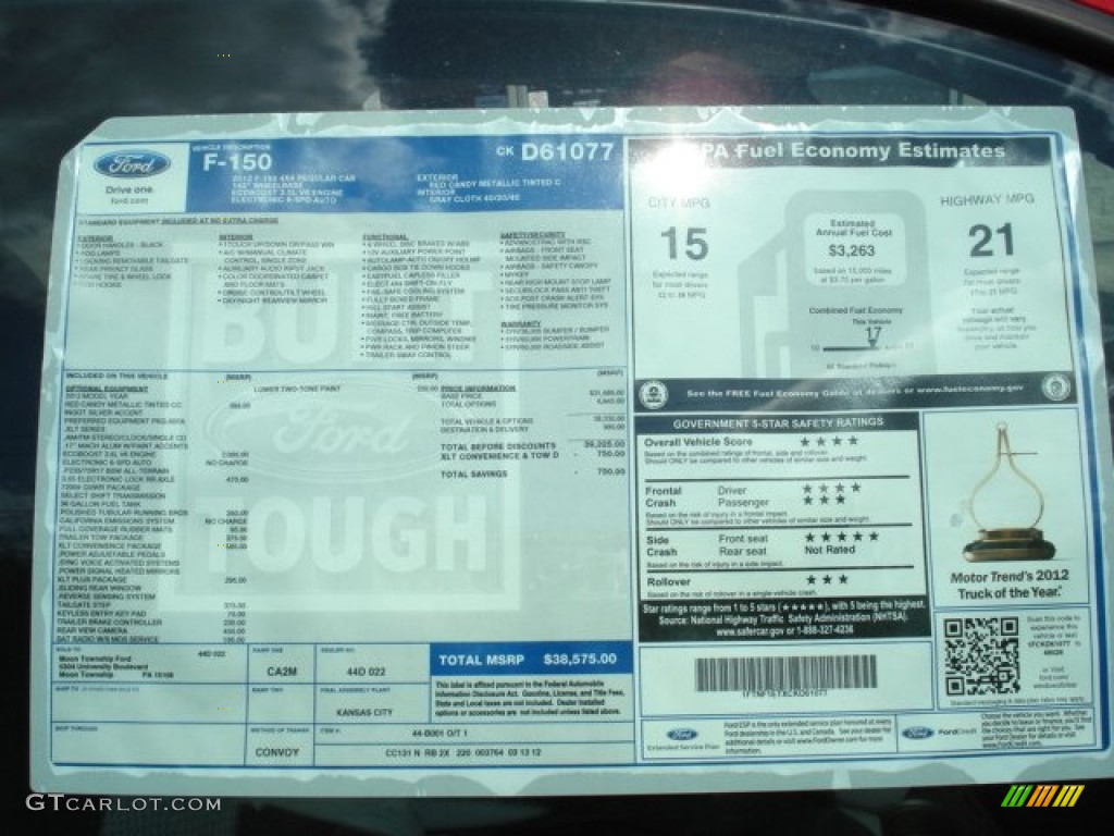 2012 Ford F150 XLT Regular Cab 4x4 Window Sticker Photo #63908513