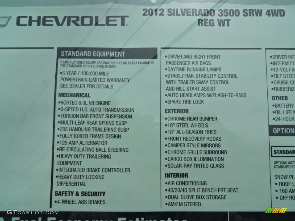 2012 Chevrolet Silverado 3500HD LS Regular Cab 4x4 Window Sticker Photo #63941157