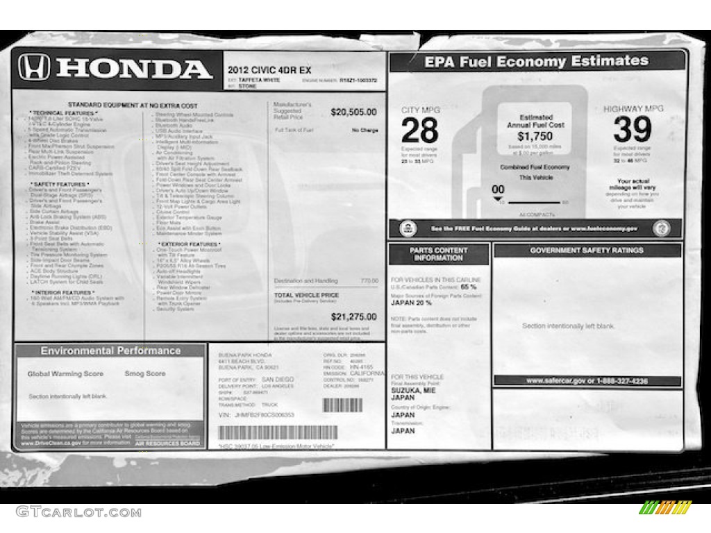 2012 Honda Civic EX Sedan Window Sticker Photo #63965962