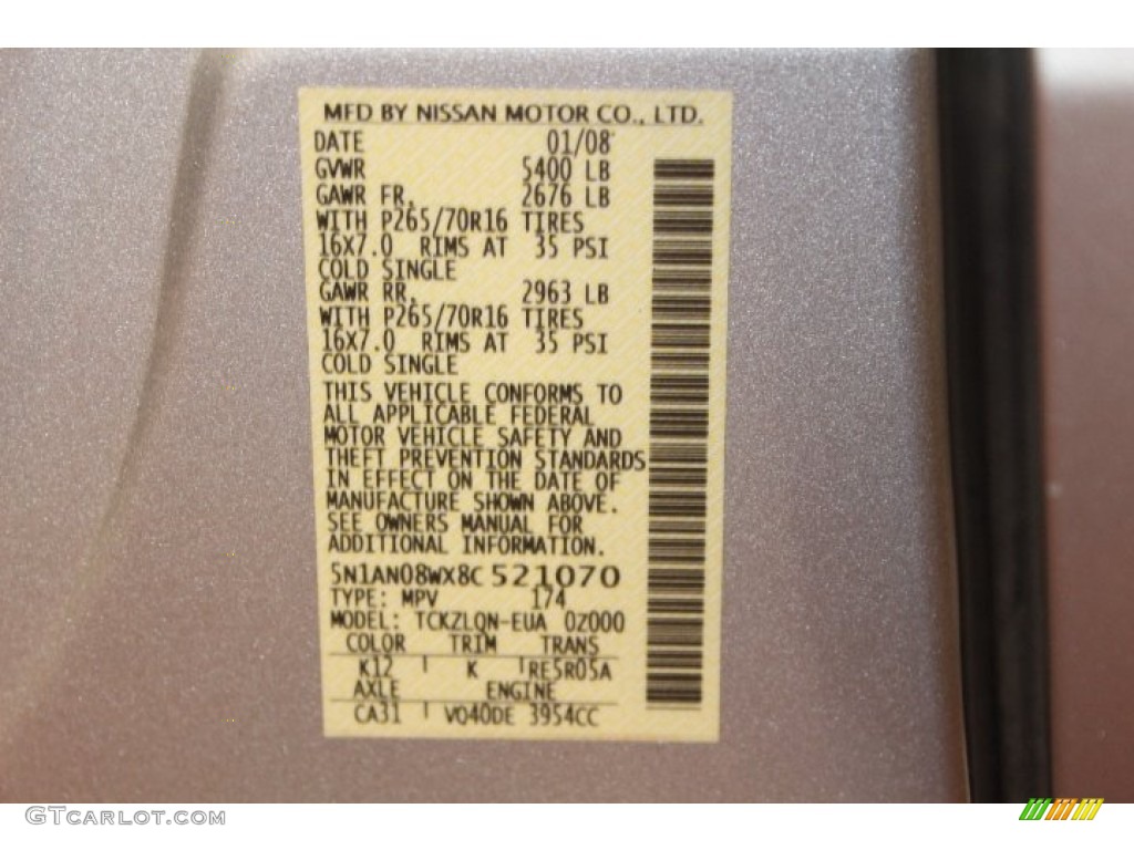 2008 Nissan Xterra X 4x4 Color Code Photos