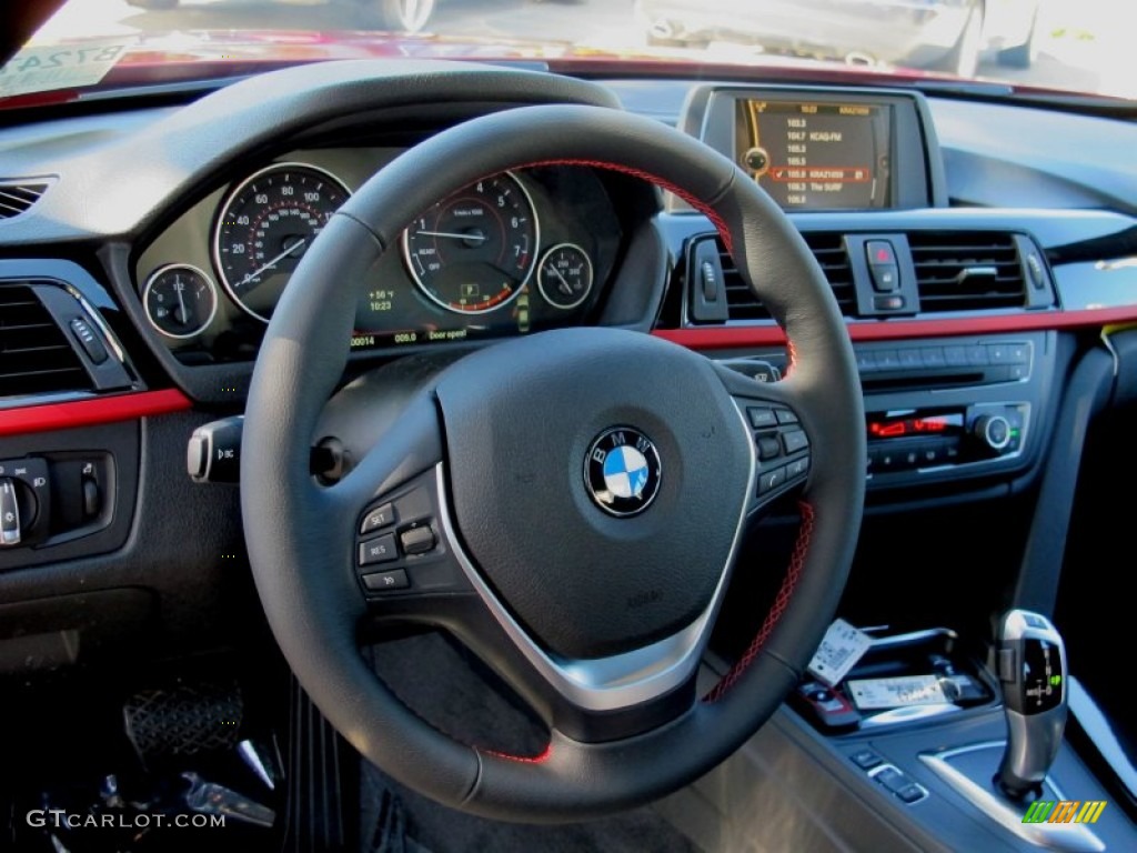 2012 BMW 3 Series 328i Sedan Black/Red Highlight Steering Wheel Photo #63994761