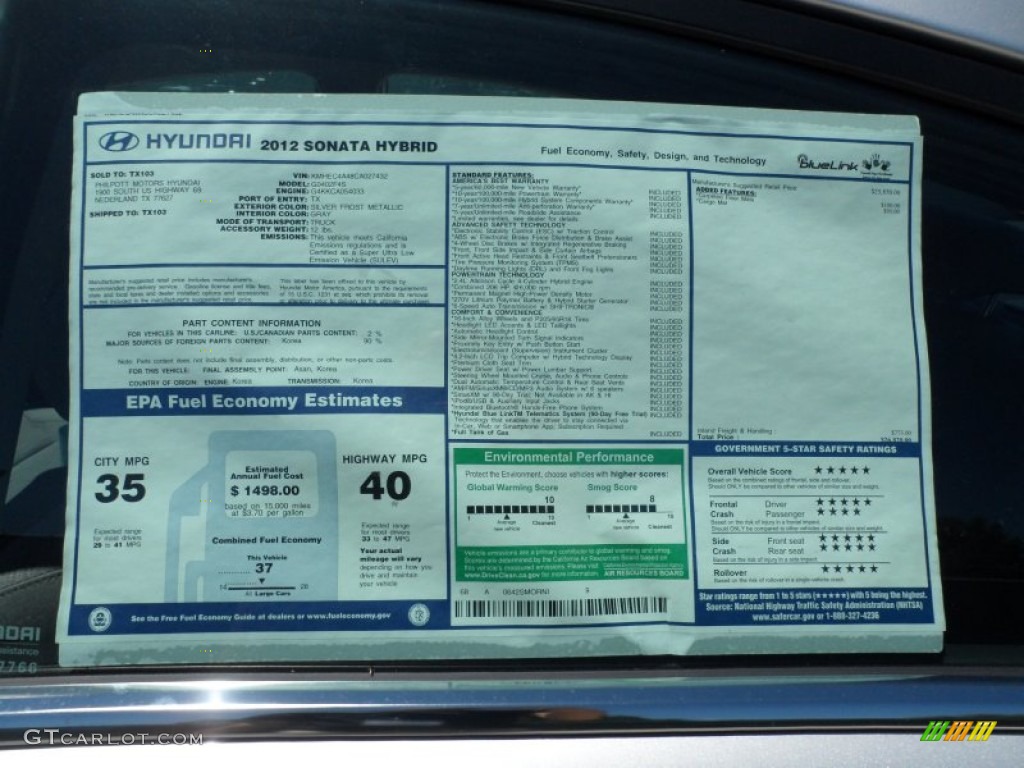 2012 Hyundai Sonata Hybrid Window Sticker Photo #64014765