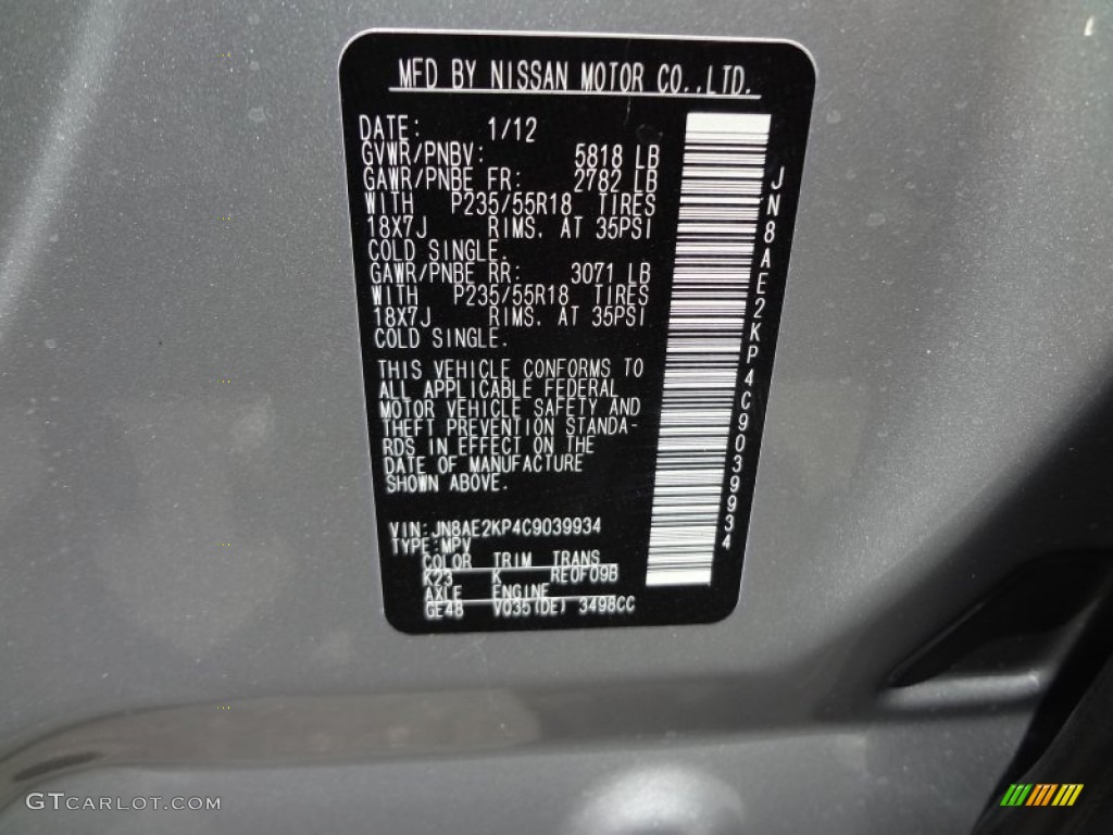 2012 Nissan Quest 3.5 LE Color Code Photos