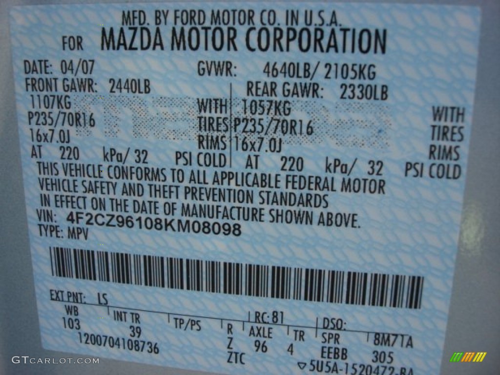 2008 Mazda Tribute s Touring 4WD Color Code Photos