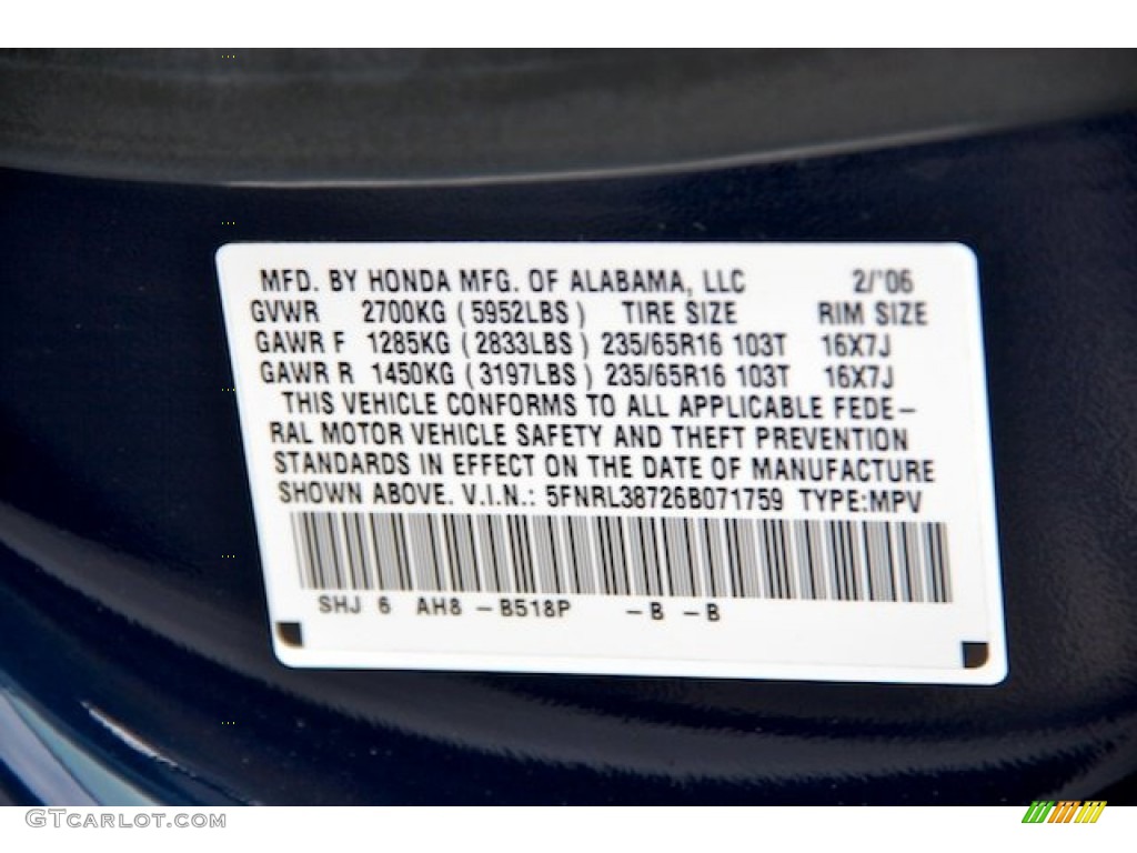2006 Odyssey Color Code B518P for Midnight Blue Pearl Photo #64041721