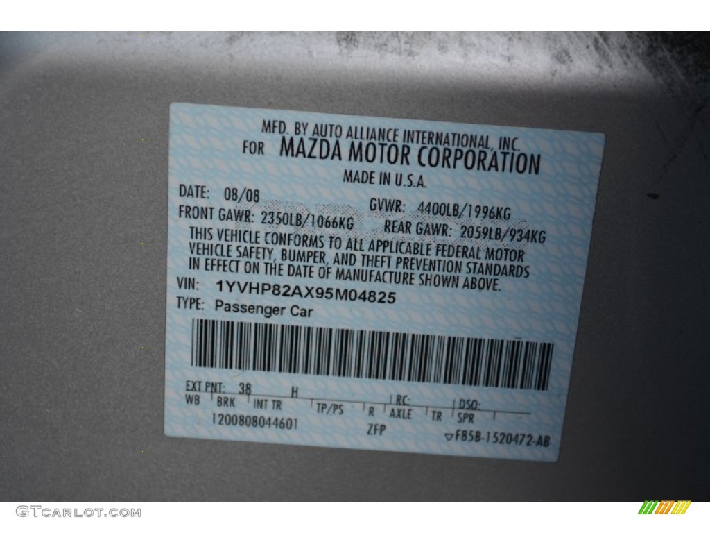 2009 MAZDA6 Color Code 38 for Brilliant Silver Metallic Photo #64043164