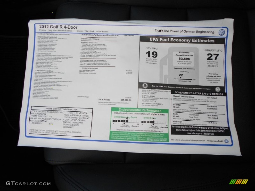 2012 Volkswagen Golf R 4 Door 4Motion Window Sticker Photo #64070905
