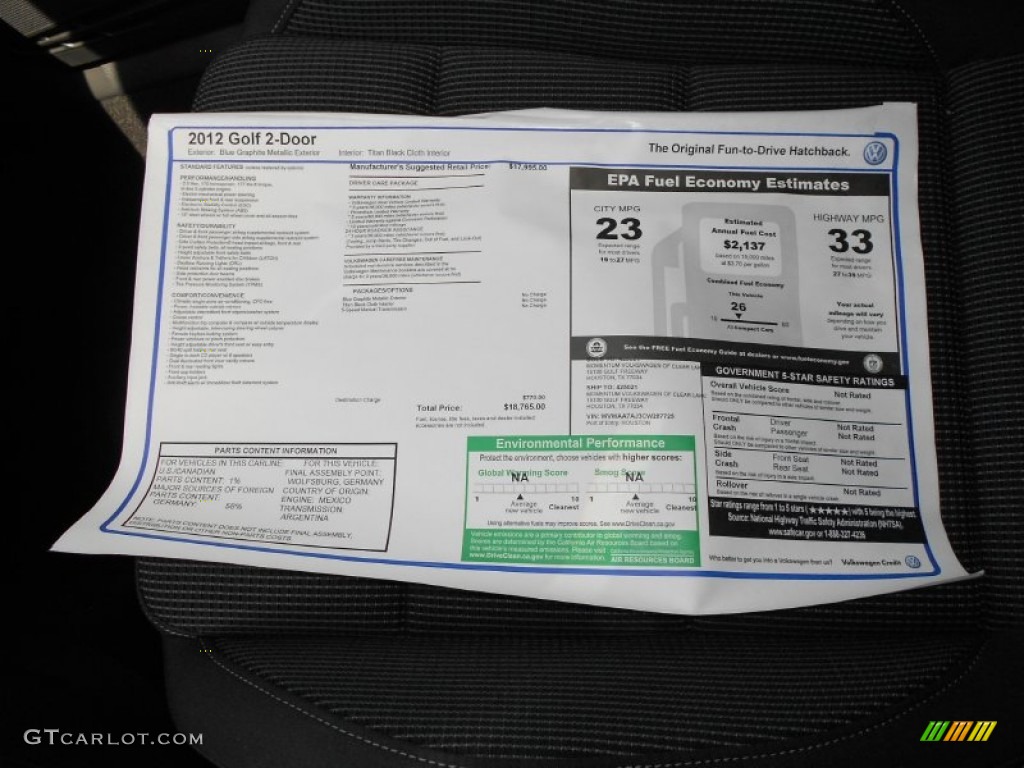 2012 Volkswagen Golf 2 Door Window Sticker Photo #64071098