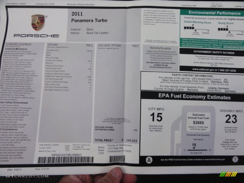 2011 Porsche Panamera Turbo Window Sticker Photo #64075341