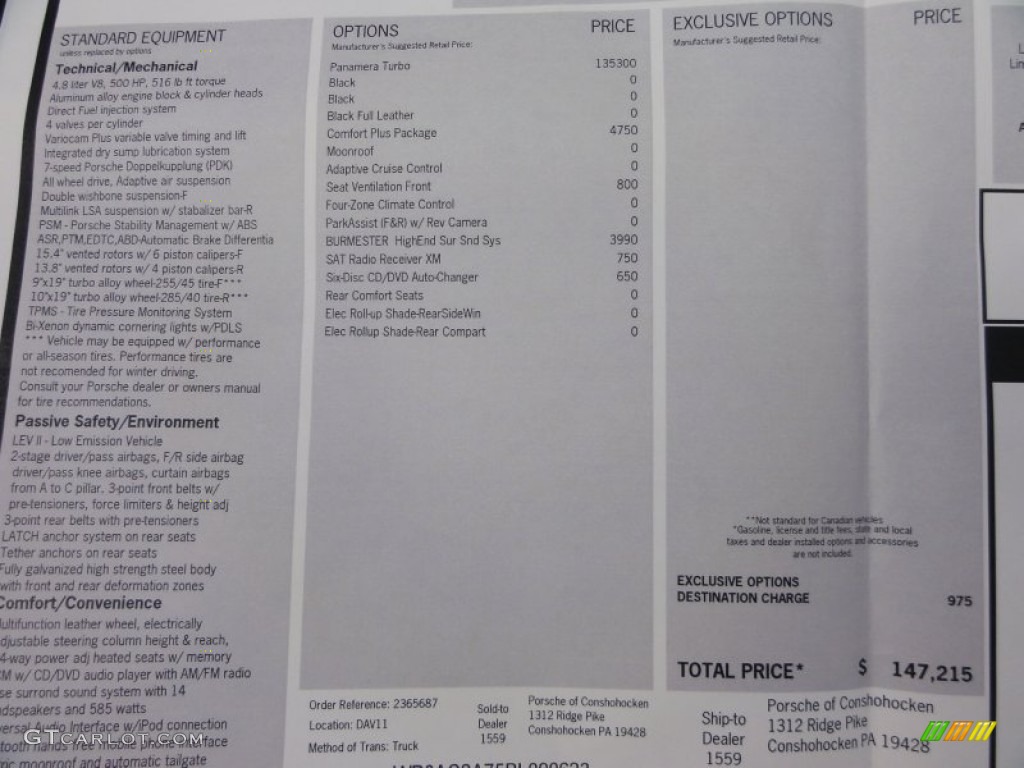 2011 Porsche Panamera Turbo Window Sticker Photo #64075351