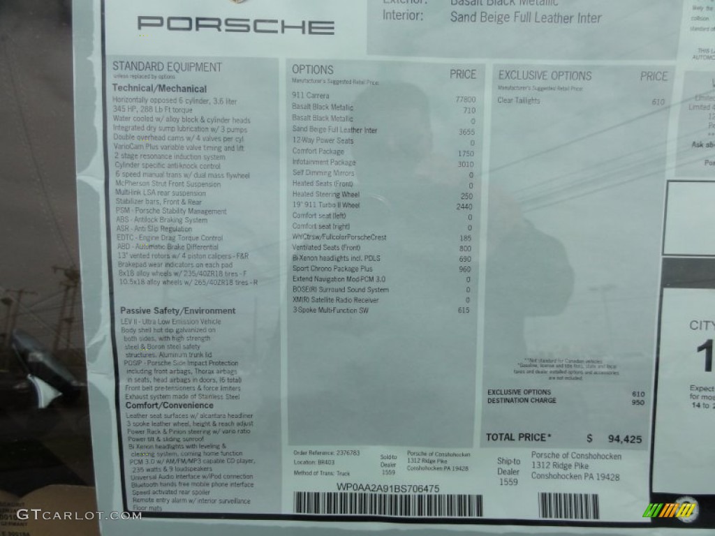 2011 Porsche 911 Carrera Coupe Window Sticker Photo #64075647