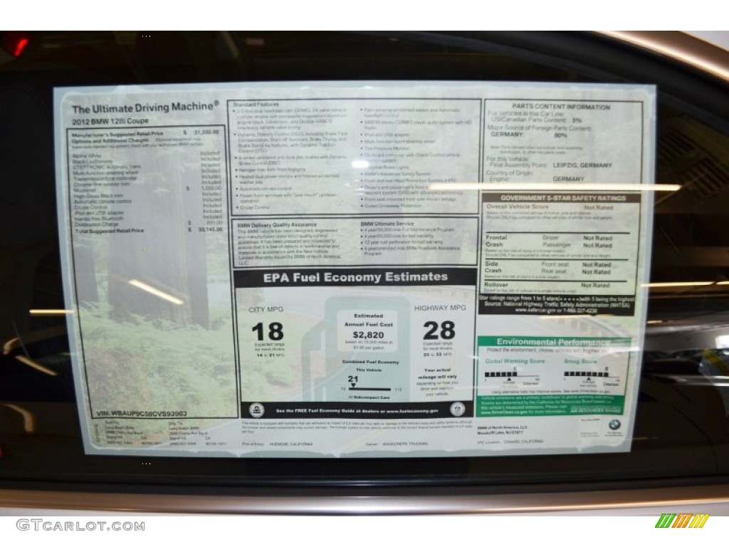 2012 1 Series 128i Coupe - Alpine White / Black photo #3