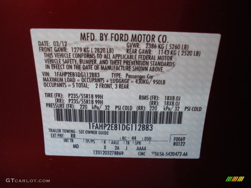 2013 Taurus Color Code RR for Ruby Red Metallic Photo #64097266