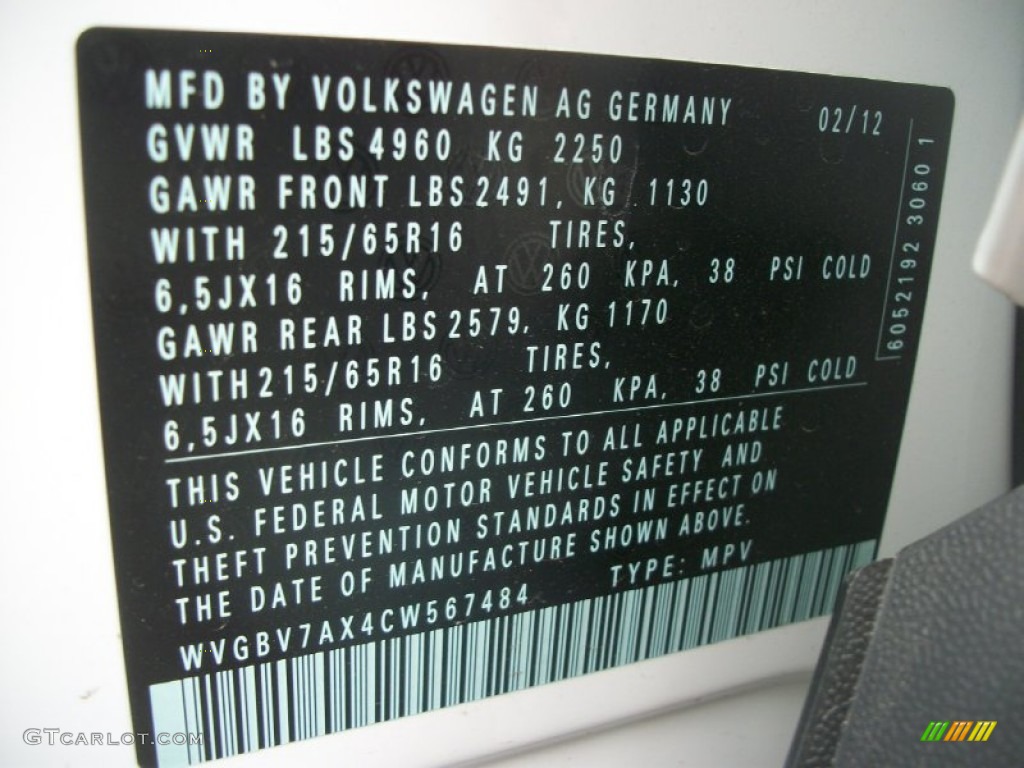 2012 Volkswagen Tiguan S 4Motion Info Tag Photo #64116037