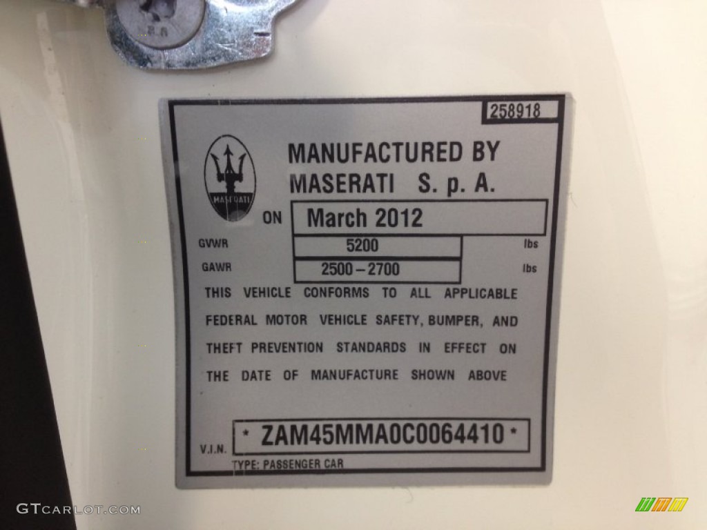 2012 Maserati GranTurismo Convertible GranCabrio Sport Info Tag Photo #64122163