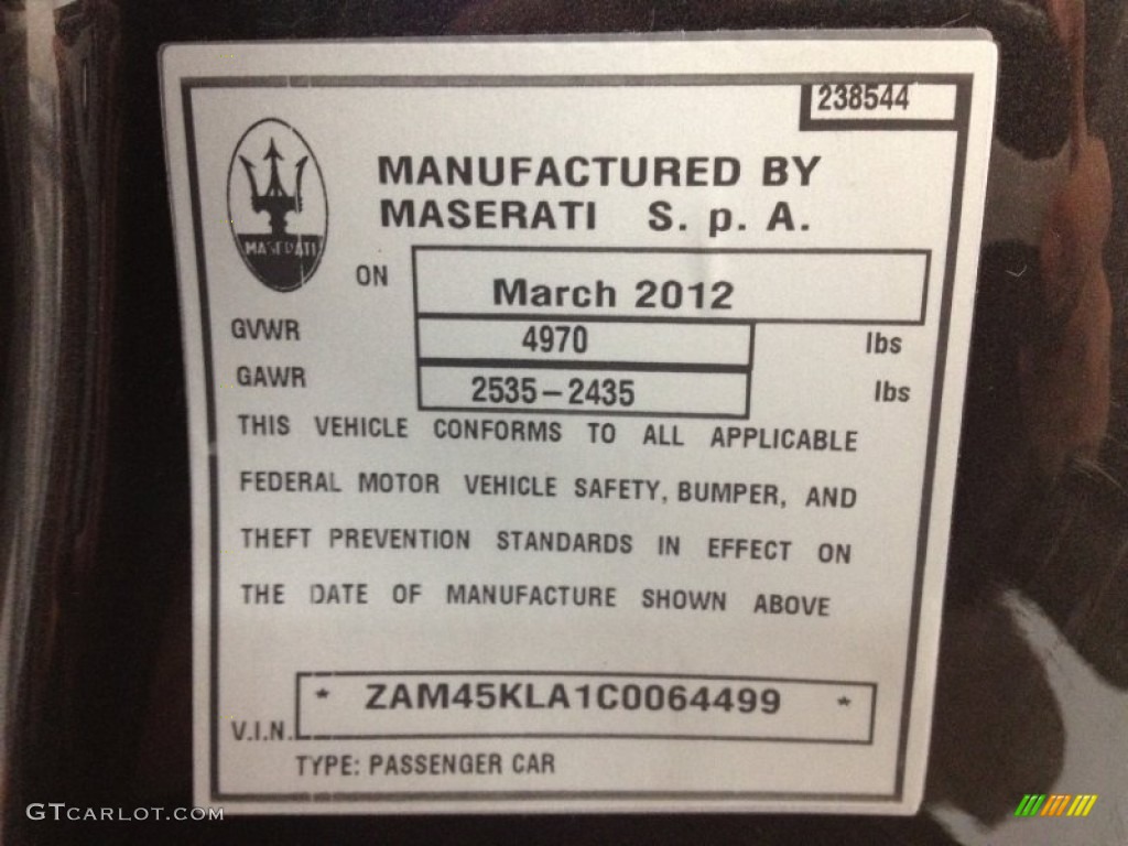 2012 Maserati GranTurismo S Automatic Info Tag Photo #64122442
