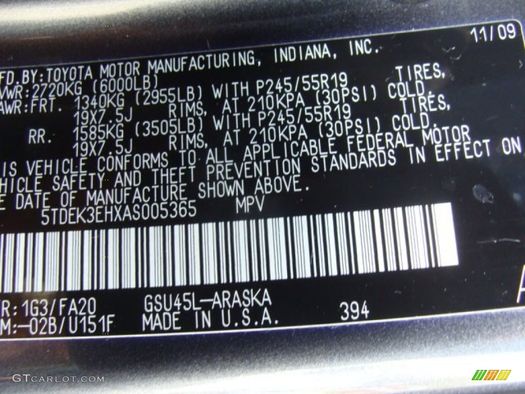 2010 Highlander Color Code 1G3 for Magnetic Gray Metallic Photo #64130173