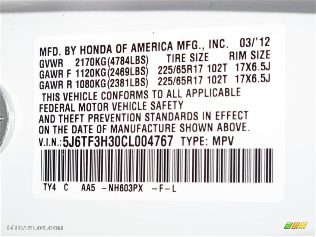 2012 Accord Color Code NH603PX for White Diamond Pearl Photo #64132957