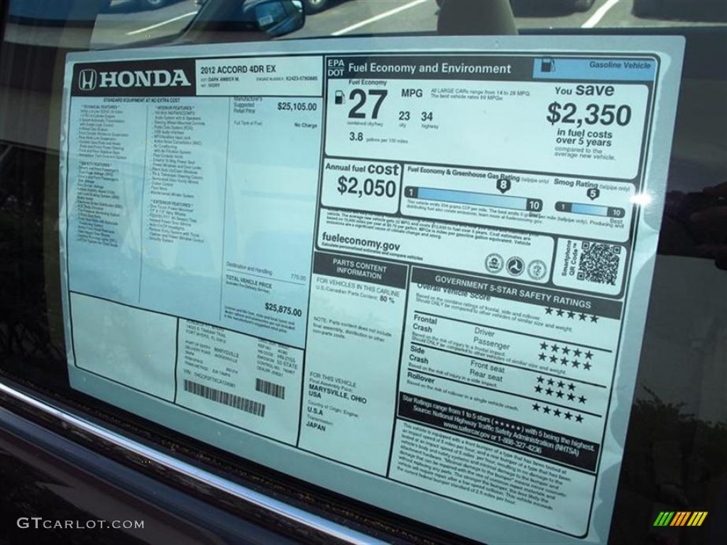 2012 Honda Accord EX Sedan Window Sticker Photo #64134133