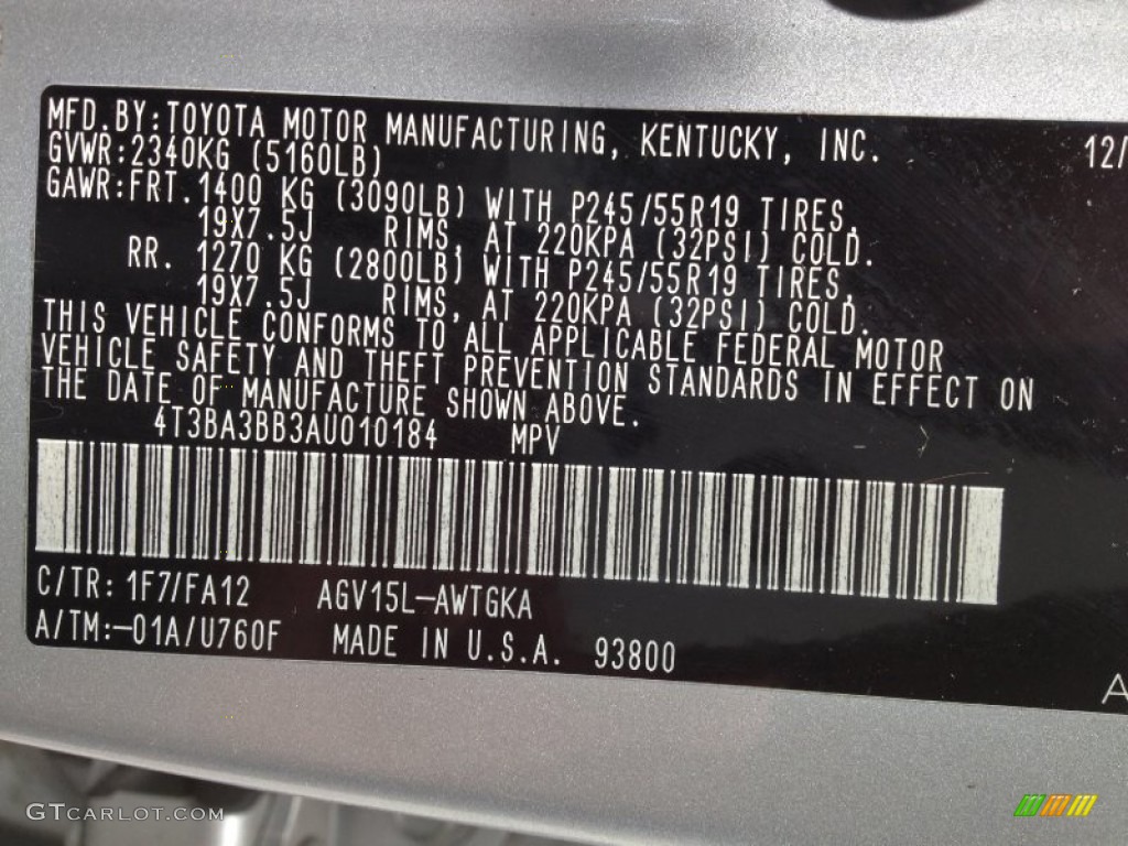 2010 Toyota Venza AWD Color Code Photos