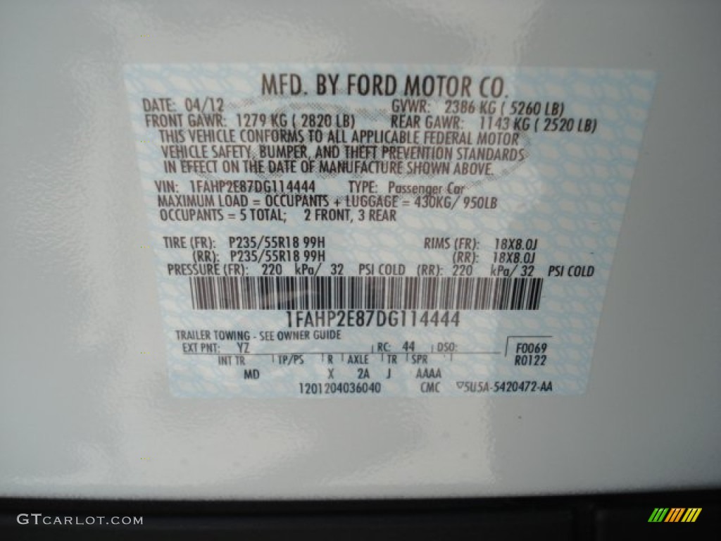 2013 Taurus Color Code YZ for Oxford White Photo #64162345