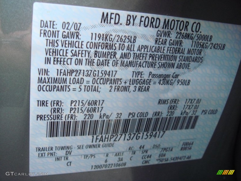 2007 Ford Five Hundred SEL AWD Color Code Photos