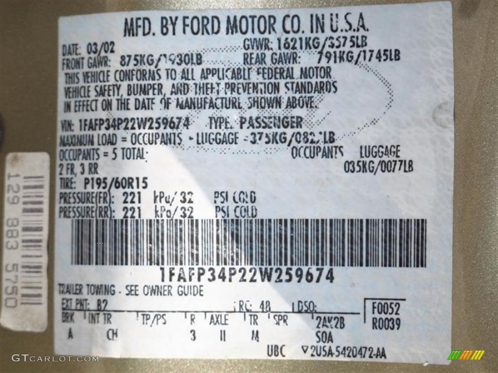 2002 Ford Focus SE Sedan Color Code Photos