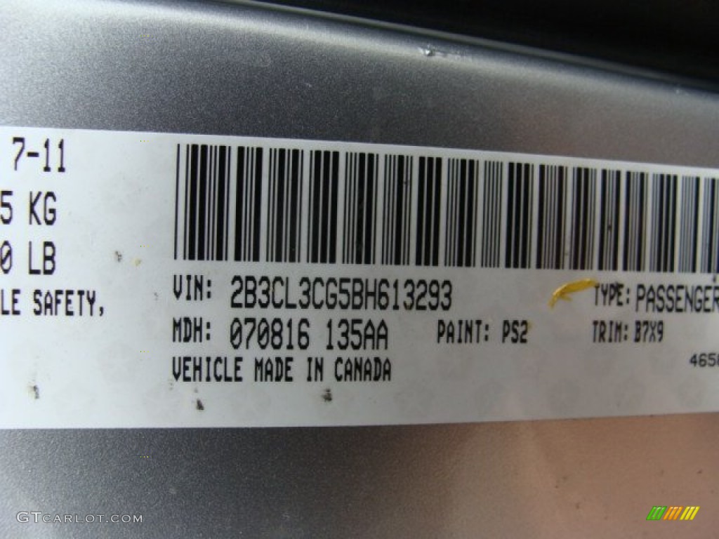 2011 Charger Color Code PS2 for Bright Silver Metallic Photo #64192994