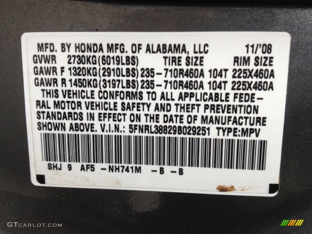 2009 Odyssey Color Code NH741M for Sterling Gray Metallic Photo #64206947