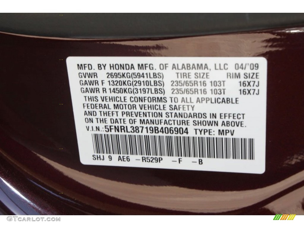 2009 Odyssey Color Code R529P for Dark Cherry Pearl Photo #64213964