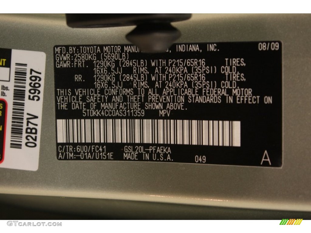 2010 Sienna Color Code 6U0 for Silver Pine Mica Photo #64227485