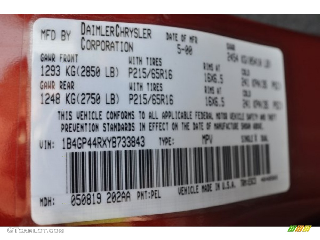 2000 Grand Caravan Color Code PEL for Inferno Red Pearlcoat Photo #64235515