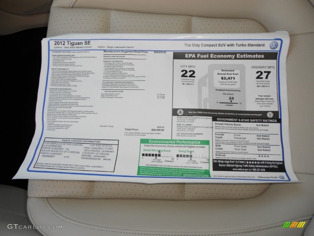 2012 Tiguan SE - Deep Black Metallic / Beige photo #22