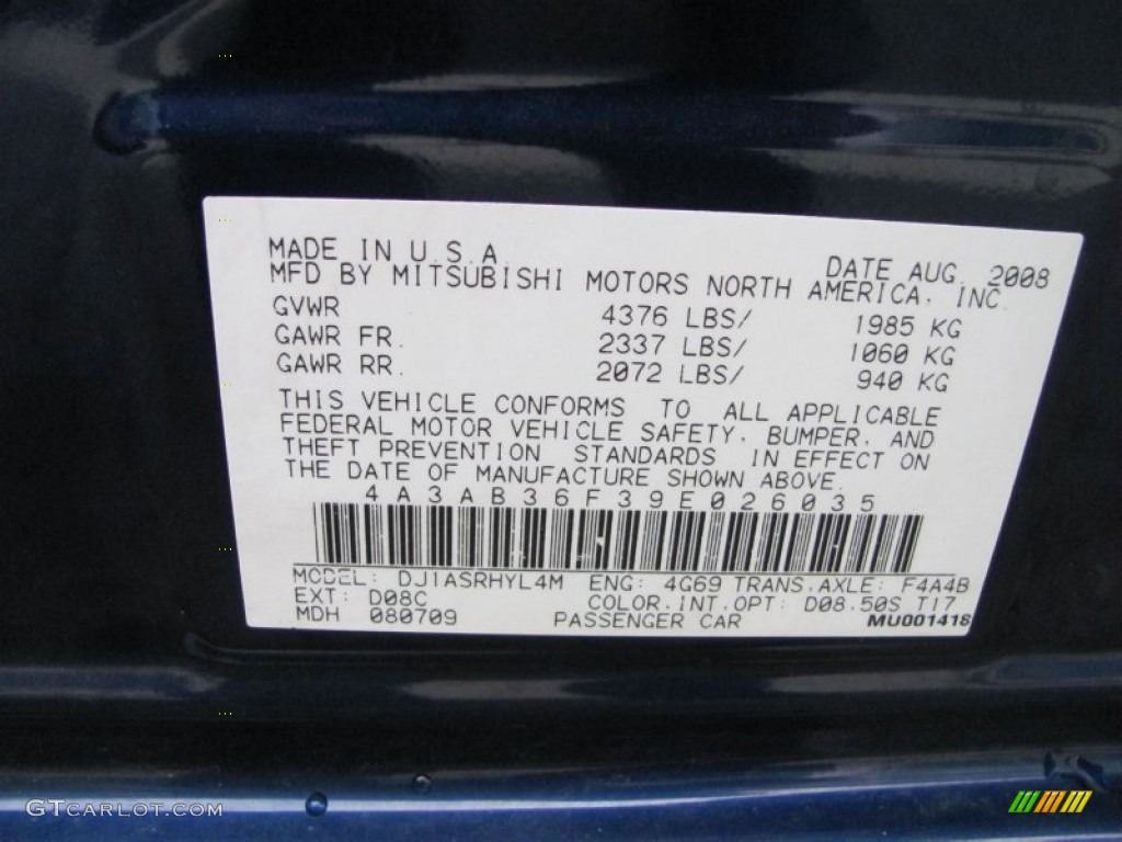 2009 Galant Color Code D08 for Maizen Blue Pearl Photo #64257257
