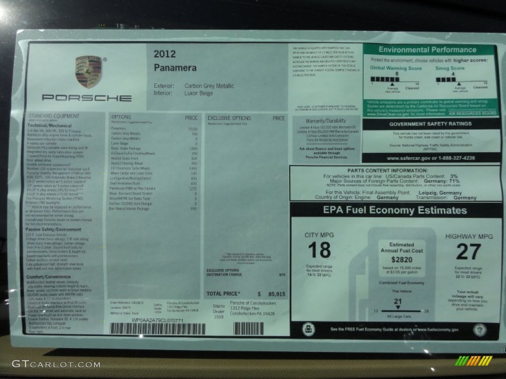 2012 Porsche Panamera 4 Window Sticker Photo #64271960
