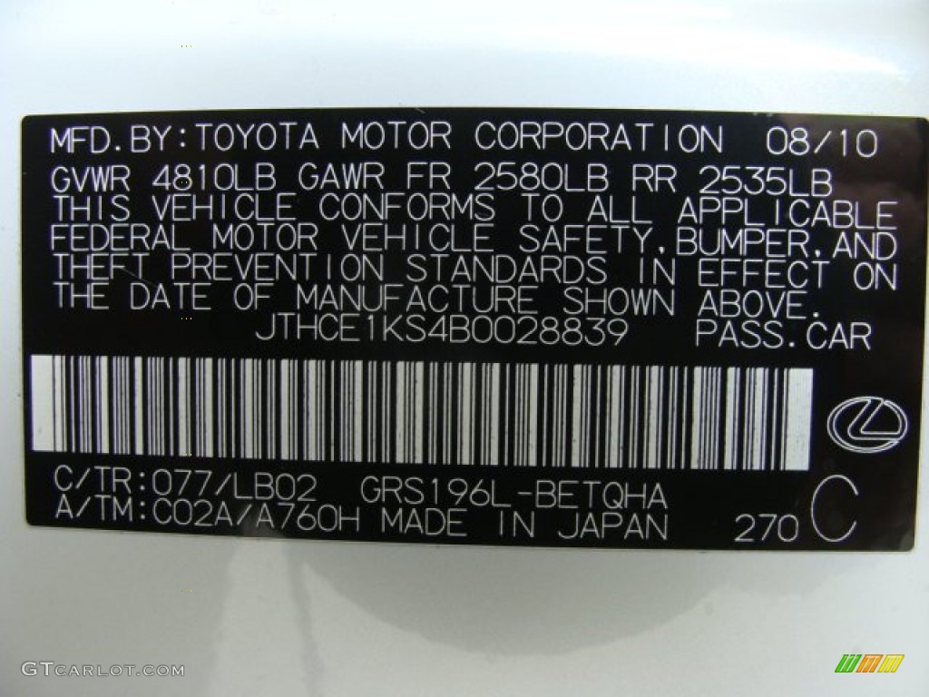 2011 GS Color Code 077 for Starfire White Pearl Photo #64284215