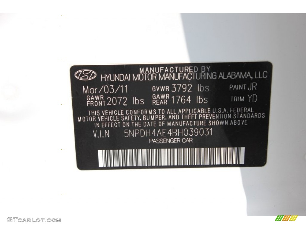 2011 Elantra Color Code JR for Pearl White Photo #64317756