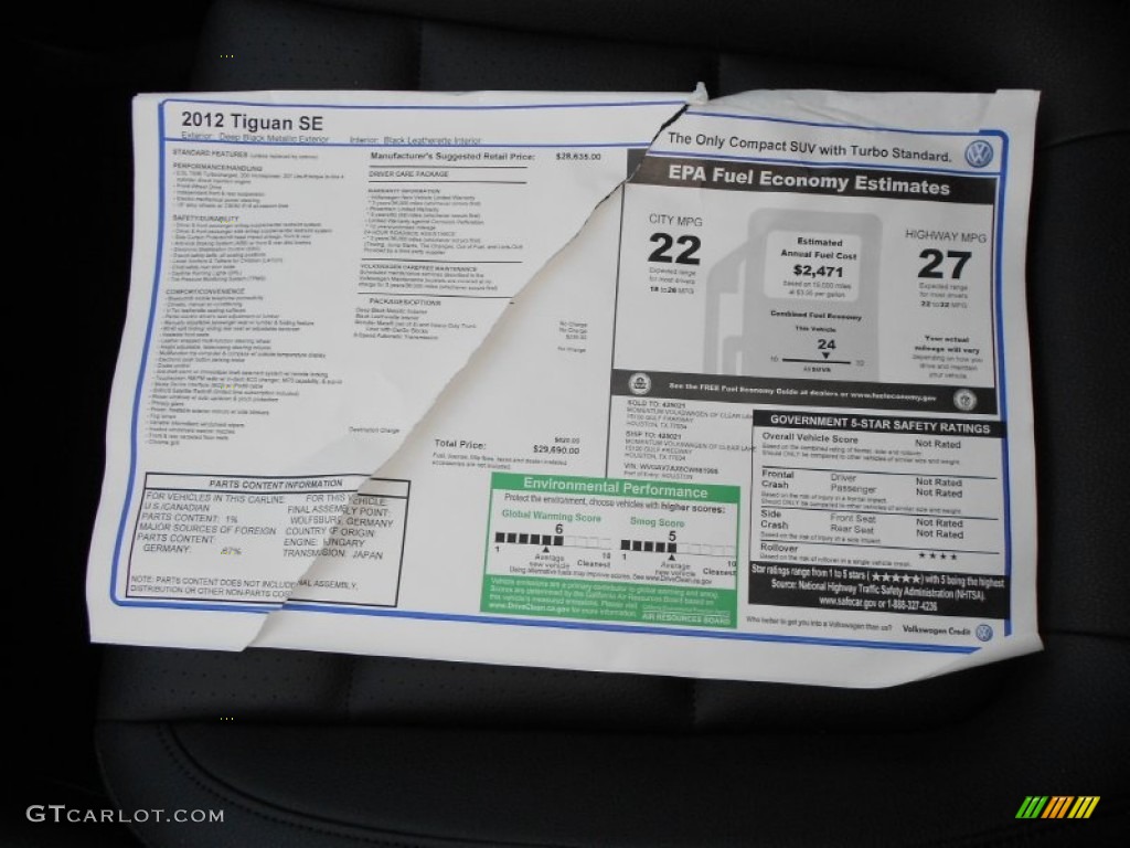 2012 Tiguan SE - Deep Black Metallic / Black photo #22