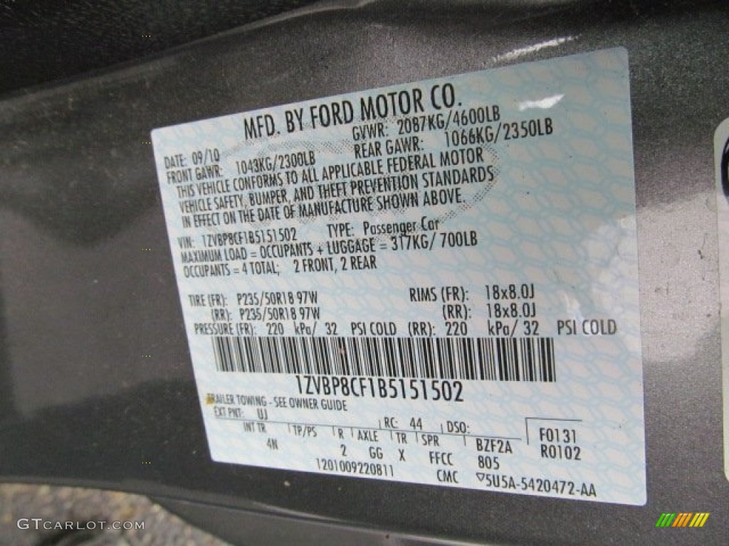 2011 Mustang Color Code UJ for Sterling Gray Metallic Photo #64332785