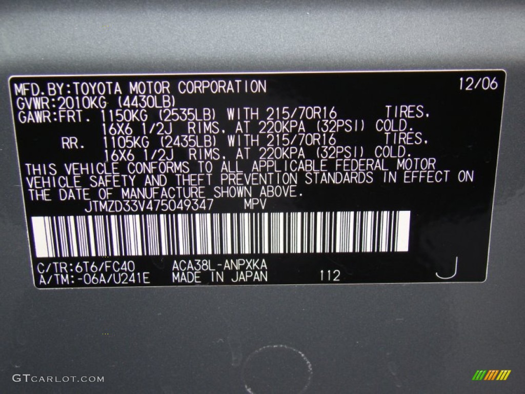 2007 RAV4 Color Code 6T6 for Everglade Metallic Photo #64337471
