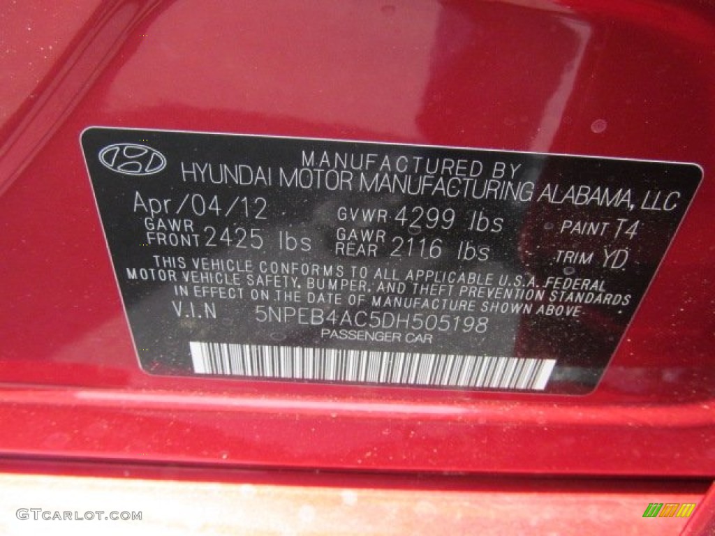 2013 Sonata Color Code T4 for Sparkling Ruby Photo #64342403