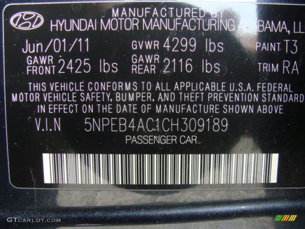 2012 Sonata Color Code T3 for Pacific Blue Pearl Photo #64353720