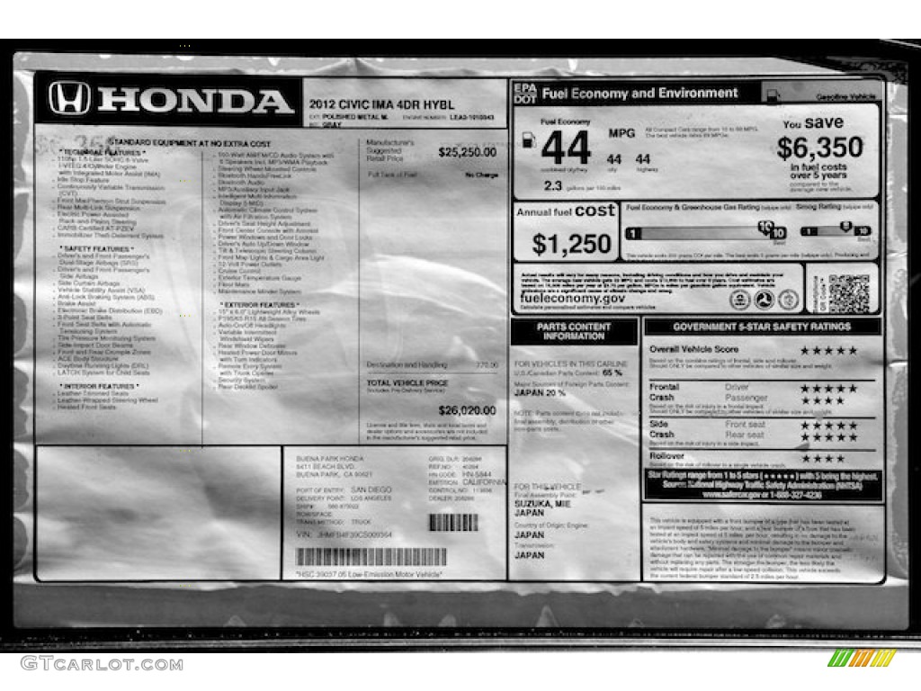 2012 Honda Civic Hybrid-L Sedan Window Sticker Photo #64356999