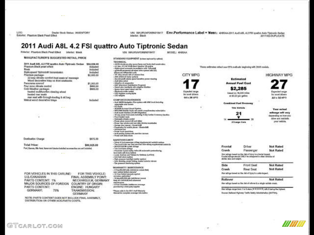 2011 Audi A8 L 4.2 FSI quattro Window Sticker Photo #64360086