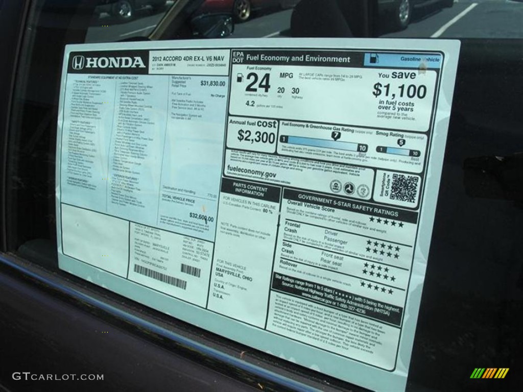 2012 Honda Accord EX-L V6 Sedan Window Sticker Photo #64379262