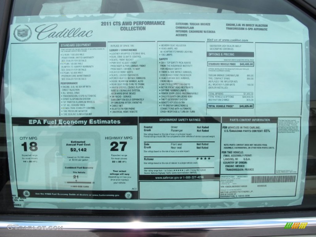 2011 Cadillac CTS 4 3.6 AWD Sedan Window Sticker Photo #64382979