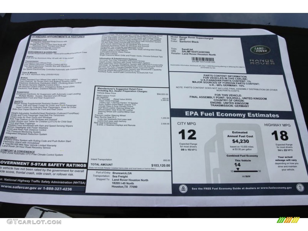 2012 Land Rover Range Rover Supercharged Window Sticker Photo #64395048